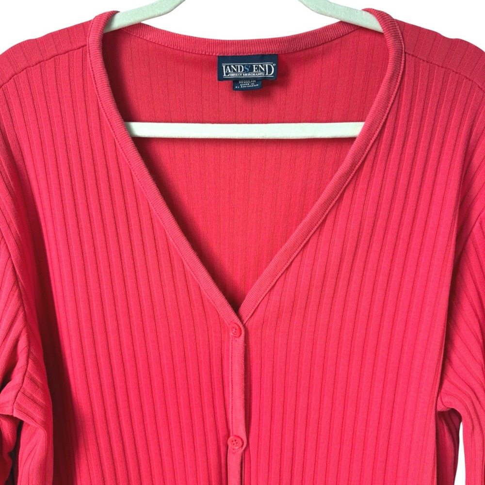 Lands End Ribbed Cardigan Sweater Womens L 14-16 Coral Red Button Front Classic
